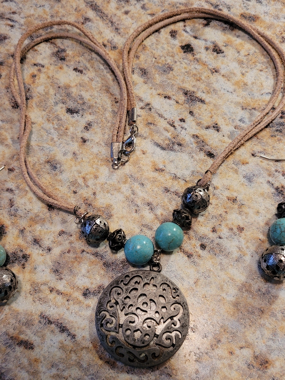 3 Piece Set Turquoise Bead Filigree Pendant Necklace - Boho Leather Cord